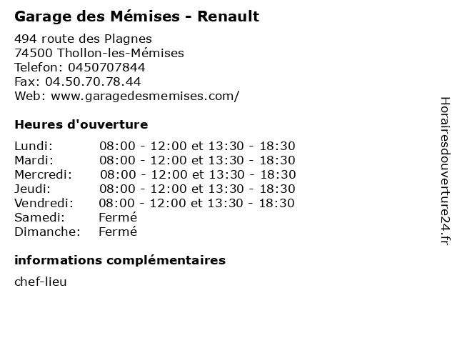 Garage des Mémises - Renault à Thollon-les-Mémises: adresse et heures d'ouverture