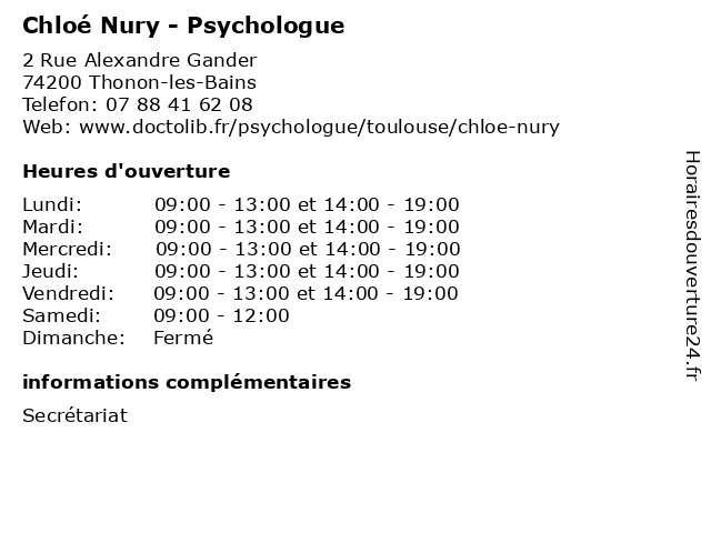 Chloé Nury - Psychologue à Thonon-les-Bains: adresse et heures d'ouverture