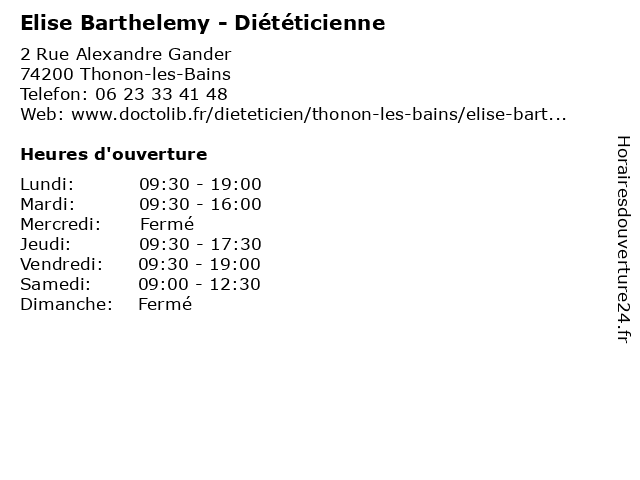 Elise Barthelemy - Diététicienne à Thonon-les-Bains: adresse et heures d'ouverture