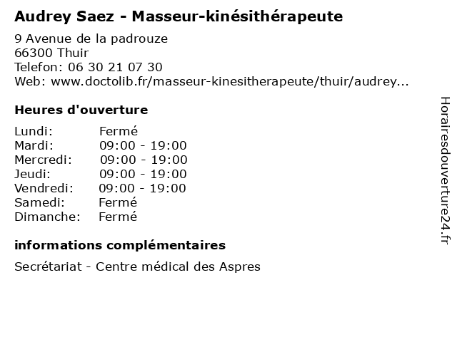 Audrey Saez - Masseur-kinésithérapeute à Thuir: adresse et heures d'ouverture