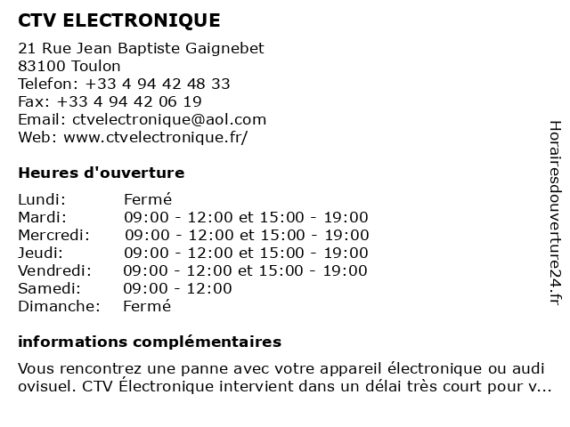 CTV ELECTRONIQUE à Toulon: adresse et heures d'ouverture