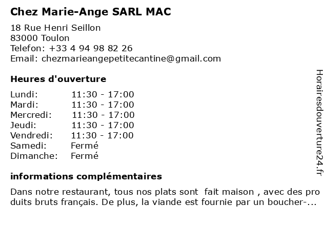 Chez Marie-Ange SARL MAC à Toulon: adresse et heures d'ouverture
