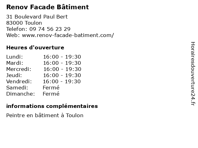 Renov Facade Bâtiment à Toulon: adresse et heures d'ouverture
