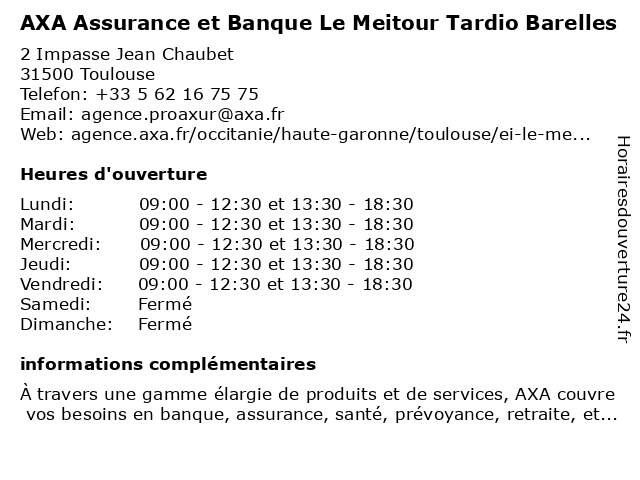 AXA Assurance et Banque Peysson Lemeitour Tardio Barell à Toulouse: adresse et heures d'ouverture