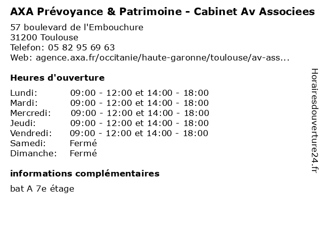 AXA Prévoyance & Patrimoine - Cabinet Av Associees à Toulouse: adresse et heures d'ouverture