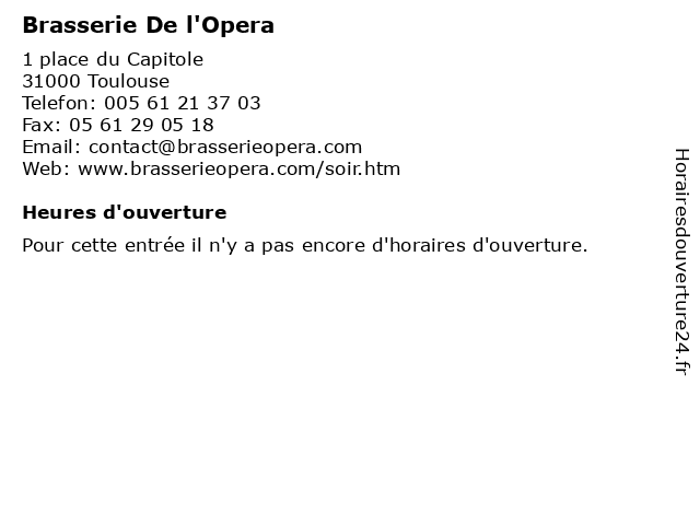 Brasserie De l'Opera à Toulouse: adresse et heures d'ouverture