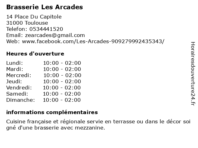 Brasserie Les Arcades à Toulouse: adresse et heures d'ouverture
