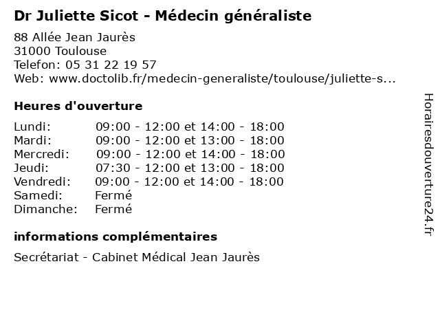 Dr Juliette Sicot - Médecin généraliste à Toulouse: adresse et heures d'ouverture