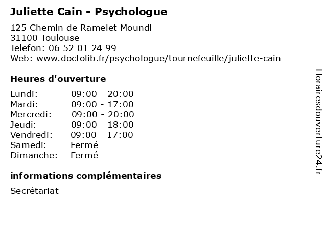 Juliette Cain - Psychologue à Toulouse: adresse et heures d'ouverture