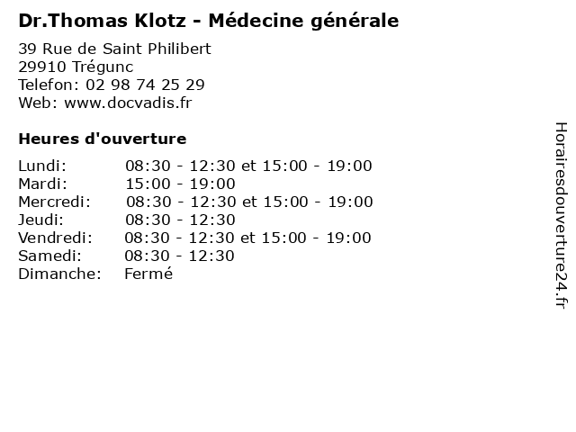 Dr.Thomas Klotz - Médecine générale à Trégunc: adresse et heures d'ouverture