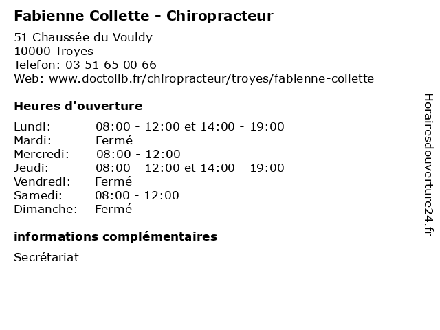 Fabienne Collette - Chiropracteur à Troyes: adresse et heures d'ouverture