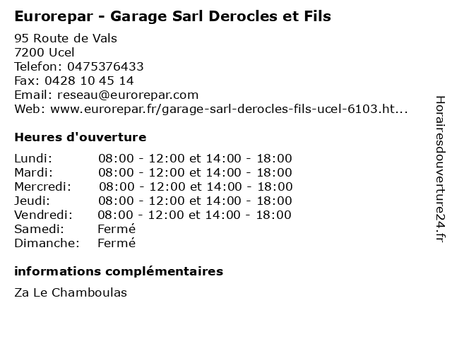 Eurorepar - Garage Sarl Derocles et Fils à Ucel: adresse et heures d'ouverture