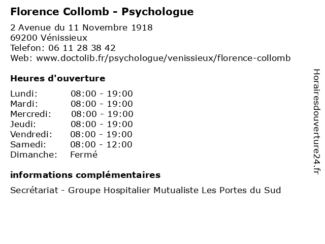Florence Collomb - Psychologue à Vénissieux: adresse et heures d'ouverture