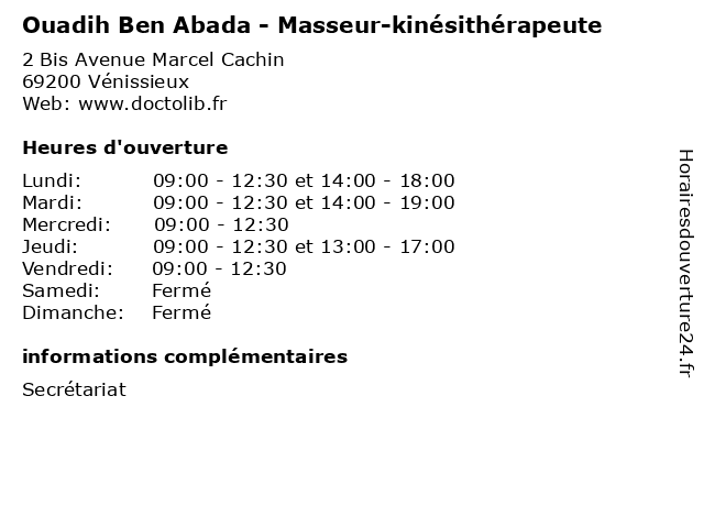 Ouadih Ben Abada - Masseur-kinésithérapeute à Vénissieux: adresse et heures d'ouverture