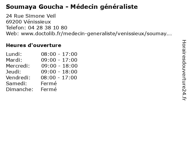 Soumaya Goucha - Médecin généraliste à Vénissieux: adresse et heures d'ouverture