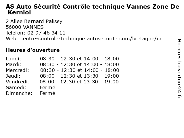 AS Auto Sécurité Contrôle technique Vannes Zone De Kerniol à VANNES: adresse et heures d'ouverture