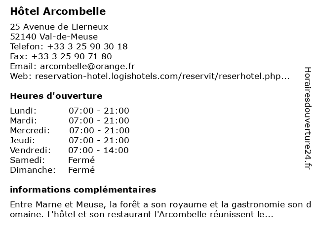 Hôtel-Restaurant Arcombelle à Val-de-Meuse: adresse et heures d'ouverture