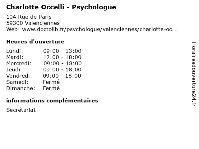 Charlotte Occelli - Psychologue à Valenciennes: adresse et heures d'ouverture