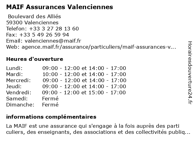 MAIF à Valenciennes: adresse et heures d'ouverture