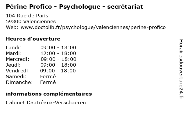 Périne Profico - Psychologue - secrétariat à Valenciennes: adresse et heures d'ouverture