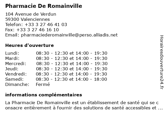 Pharmacie De Romainville à Valenciennes: adresse et heures d'ouverture
