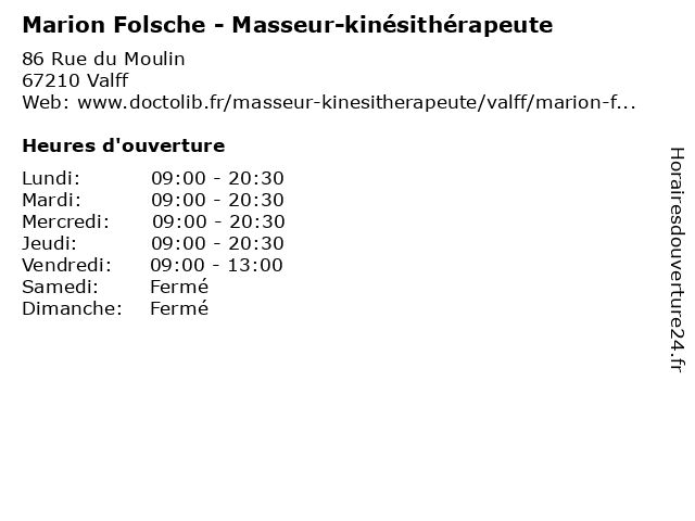 Marion Folsche - Masseur-kinésithérapeute à Valff: adresse et heures d'ouverture