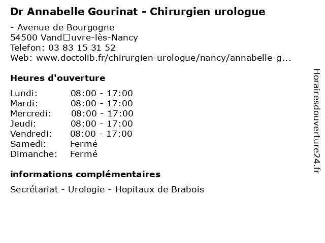 Dr Annabelle Gourinat - Chirurgien urologue à Vandœuvre-lès-Nancy: adresse et heures d'ouverture