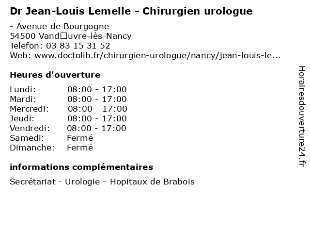 Dr Jean-Louis Lemelle - Chirurgien urologue à Vandœuvre-lès-Nancy: adresse et heures d'ouverture