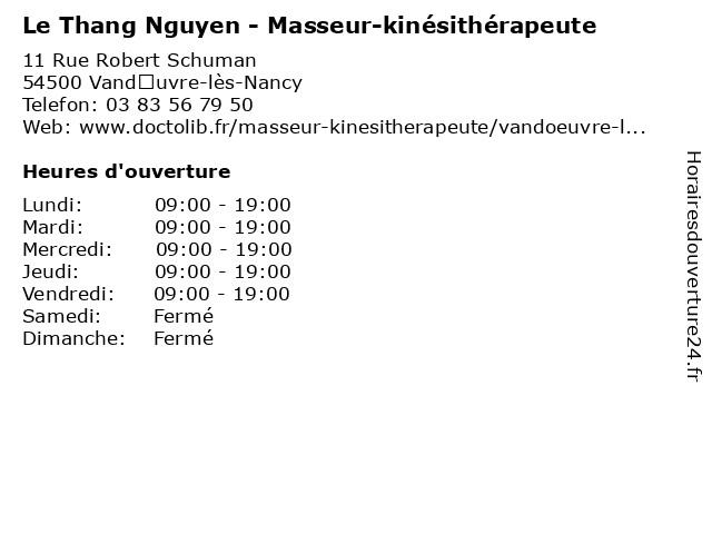 Le Thang Nguyen - Masseur-kinésithérapeute à Vandœuvre-lès-Nancy: adresse et heures d'ouverture