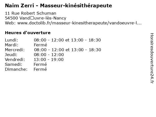 Naim Zerri - Masseur-kinésithérapeute à Vandœuvre-lès-Nancy: adresse et heures d'ouverture