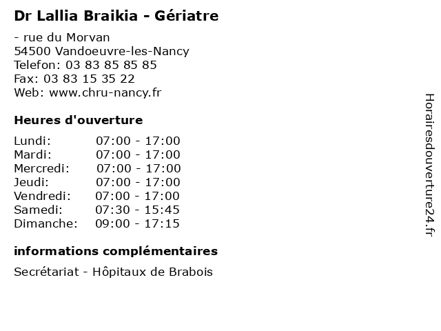 Dr Lallia Braikia - Gériatre à Vandoeuvre-les-Nancy: adresse et heures d'ouverture