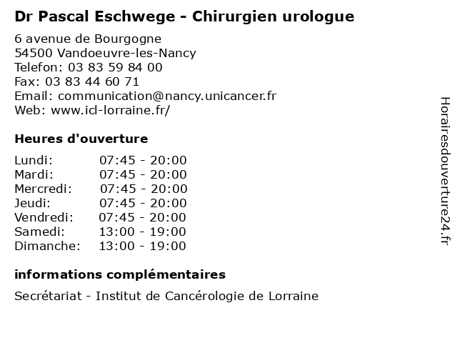 Dr Pascal Eschwege - Chirurgien urologue à Vandoeuvre-les-Nancy: adresse et heures d'ouverture