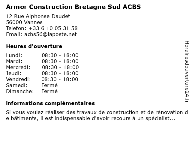 Armor Construction Bretagne Sud ACBS à Vannes: adresse et heures d'ouverture