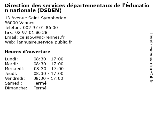 Direction des services départementaux de l'Éducation nationale (DSDEN) à Vannes: adresse et heures d'ouverture