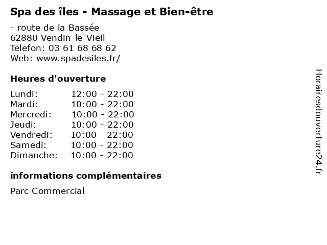 Spa des îles - Massage et Bien-être à Vendin-le-Vieil: adresse et heures d'ouverture
