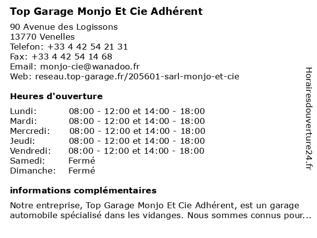 Top Garage Monjo Et Cie Adhérent à Venelles: adresse et heures d'ouverture