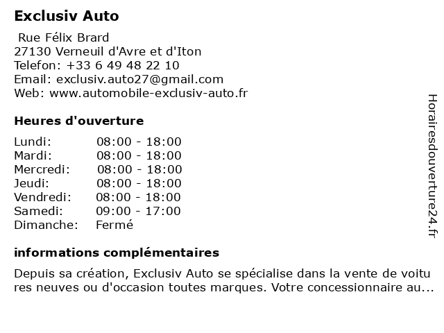 Exclusiv Auto à Verneuil d'Avre et d'Iton: adresse et heures d'ouverture