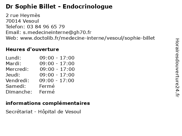 Dr Sophie Billet - Endocrinologue à Vesoul: adresse et heures d'ouverture
