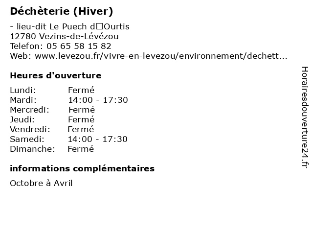 Déchèterie (Hiver) à Vezins-de-Lévézou: adresse et heures d'ouverture