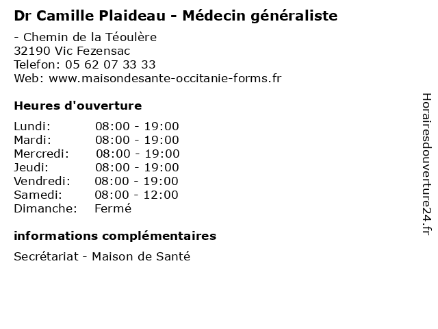 Dr Camille Plaideau - Médecin généraliste à Vic Fezensac: adresse et heures d'ouverture