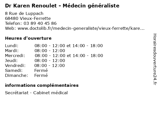 Dr Karen Renoulet - Médecin généraliste à Vieux-Ferrette: adresse et heures d'ouverture
