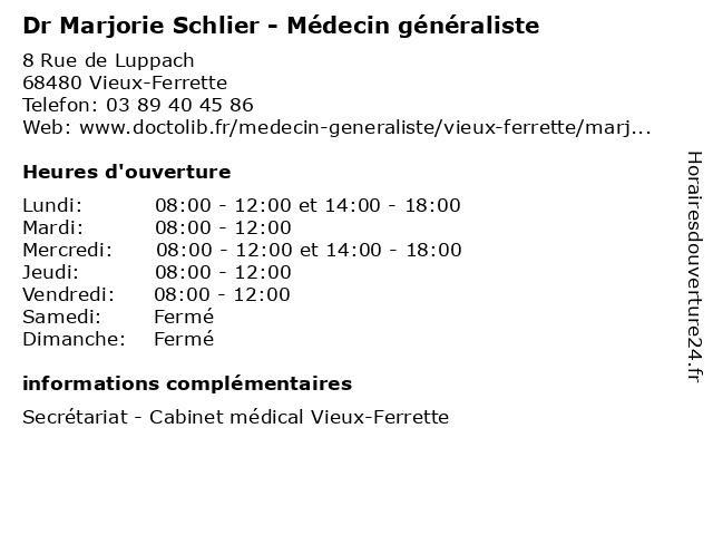 Dr Marjorie Schlier - Médecin généraliste à Vieux-Ferrette: adresse et heures d'ouverture