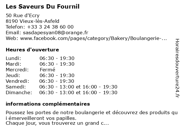 Les Saveurs Du Fournil à Vieux-lès-Asfeld: adresse et heures d'ouverture