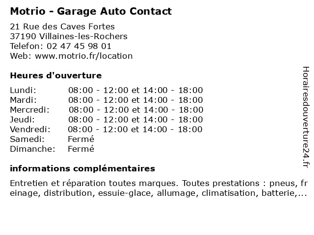 Motrio - Garage Auto Contact à Villaines-les-Rochers: adresse et heures d'ouverture
