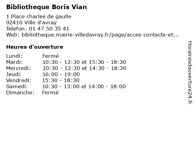 Bibliotheque Boris Vian à Ville d'avray: adresse et heures d'ouverture