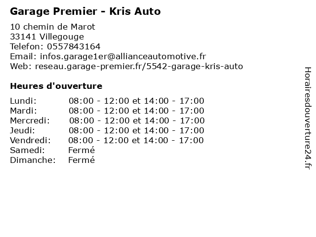 Garage Premier - Kris Auto à Villegouge: adresse et heures d'ouverture