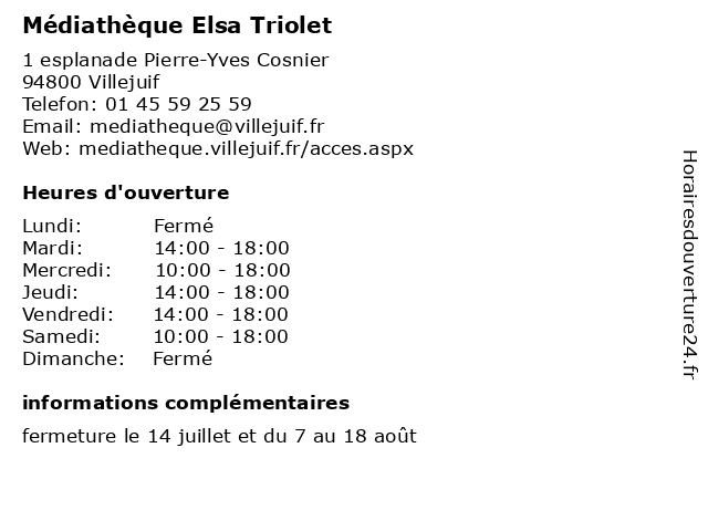 Médiathèque Elsa Triolet à Villejuif: adresse et heures d'ouverture