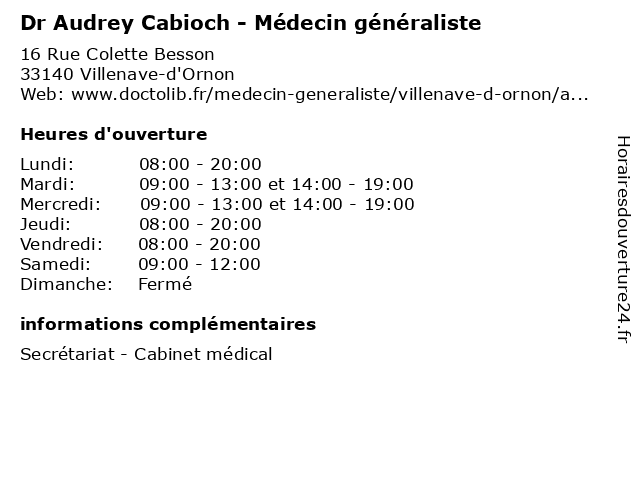 Dr Audrey Cabioch - Médecin généraliste à Villenave-d'Ornon: adresse et heures d'ouverture