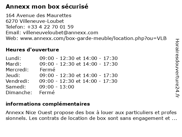Annexx mon box sécurisé à Villeneuve-Loubet: adresse et heures d'ouverture