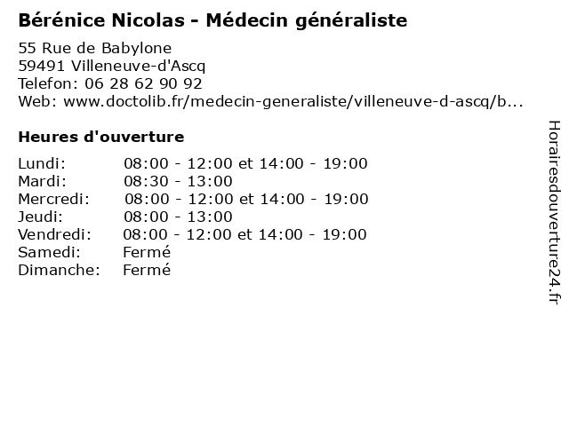 Bérénice Nicolas - Médecin généraliste à Villeneuve-d'Ascq: adresse et heures d'ouverture